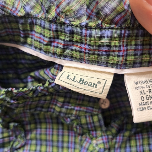 LL Bean Women Shirt XL Green Plaid Ruffle Button Up Band Collar Cottage Classic - Picture 5 of 11
